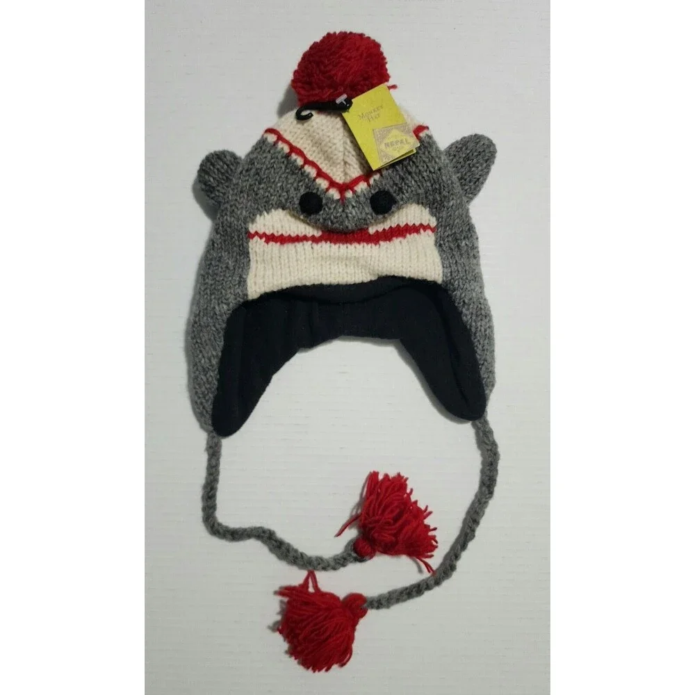 NWT World Market Kids Wool Monkey Hat Gray Red Black White Tassel Lined Earflap